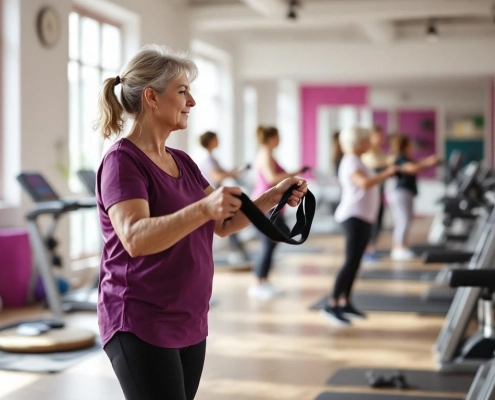 Vrouw van middelbare leeftijd gebruikt weerstandsbanden in paars Curves fitnesscentrum met natuurlijk licht en vriendelijke sfeer