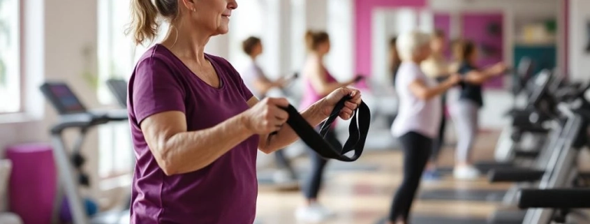 Vrouw van middelbare leeftijd gebruikt weerstandsbanden in paars Curves fitnesscentrum met natuurlijk licht en vriendelijke sfeer