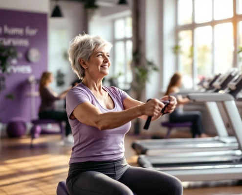 Vrouw van middelbare leeftijd traint met weerstandsbanden in welkomende Curves fitnessruimte met paarse uitrusting