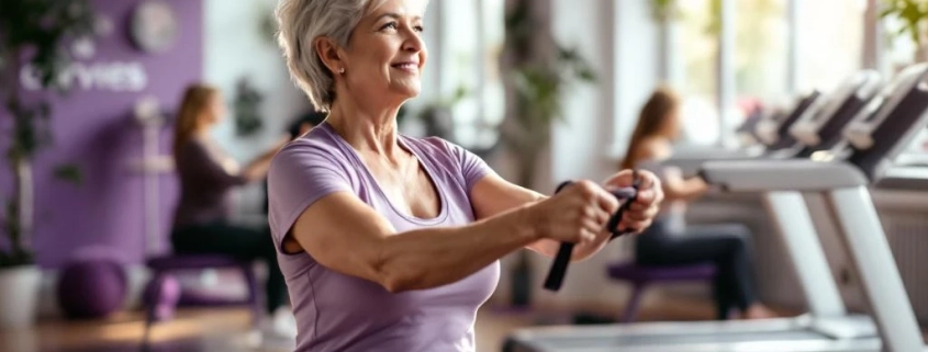 Vrouw van middelbare leeftijd traint met weerstandsbanden in welkomende Curves fitnessruimte met paarse uitrusting
