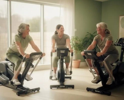 Drie vrouwen boven de 50 trainen samen op Curves hydraulische fitnessapparatuur in een lichte sportschool met natuurlijk licht