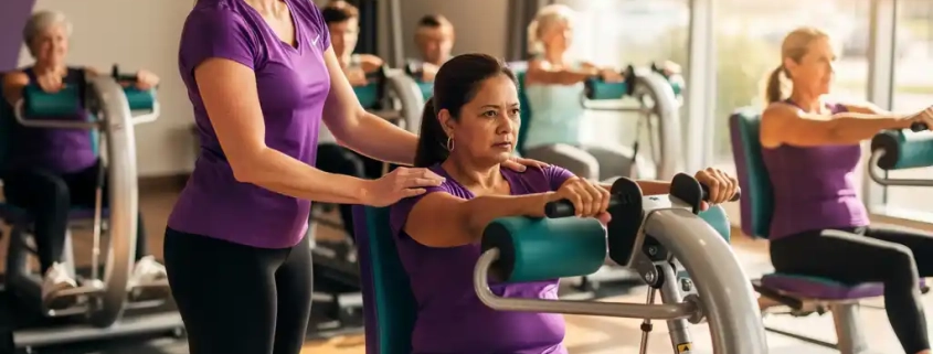 Professionele vrouwelijke fitnesscoach begeleidt diverse groep vrouwen van 30-60 jaar op hydraulische weerstandsapparatuur in moderne sportschool