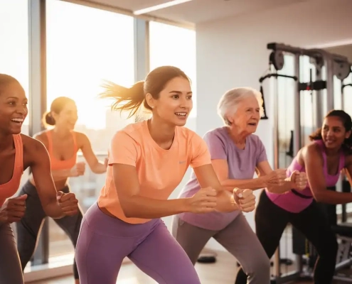 Diverse groep vrouwen van verschillende leeftijden traint samen in moderne fitnessstudio met warme verlichting