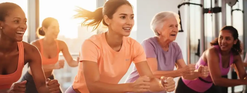 Diverse groep vrouwen van verschillende leeftijden traint samen in moderne fitnessstudio met warme verlichting