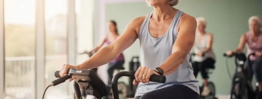 Vrouw van middelbare leeftijd traint met hydraulische weerstandsapparatuur in moderne fitnessstudio met natuurlijk licht