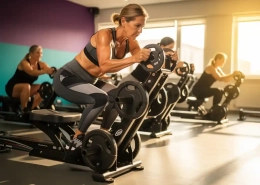 Vrouw van middelbare leeftijd stelt gewichtsplaten in op hydraulische weerstandsmachine in helder verlichte fitnessstudio