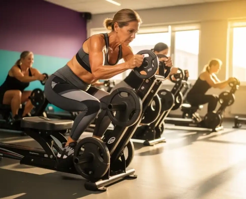 Vrouw van middelbare leeftijd stelt gewichtsplaten in op hydraulische weerstandsmachine in helder verlichte fitnessstudio