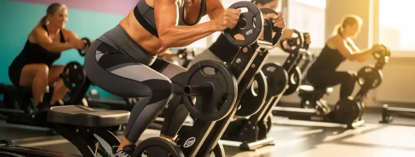 Vrouw van middelbare leeftijd stelt gewichtsplaten in op hydraulische weerstandsmachine in helder verlichte fitnessstudio