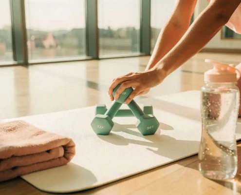 Vrouwenhanden houden drie kleine halters van verschillende gewichten in driehoekpatroon op witte yogamat in fitnessstudio