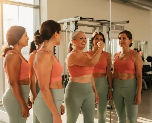 Diverse groep vrouwen van middelbare leeftijd bekijkt spiegelbeeld in moderne sportschool, één vrouw toont zelfverzekerd armspieren