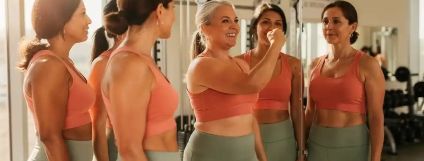 Diverse groep vrouwen van middelbare leeftijd bekijkt spiegelbeeld in moderne sportschool, één vrouw toont zelfverzekerd armspieren