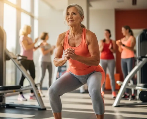 Volwassen vrouw voert squat uit op hydraulische fitnessapparatuur in heldere damesgymnastiek met natuurlijk licht