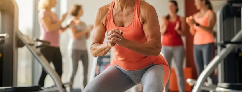 Volwassen vrouw voert squat uit op hydraulische fitnessapparatuur in heldere damesgymnastiek met natuurlijk licht