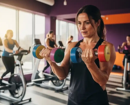 Vastberaden vrouw van middelbare leeftijd traint met kleurrijke dumbbells in heldere fitnessstudio met andere vrouwen op achtergrond