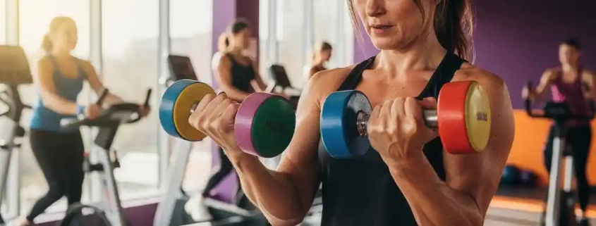 Vastberaden vrouw van middelbare leeftijd traint met kleurrijke dumbbells in heldere fitnessstudio met andere vrouwen op achtergrond
