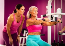 Vrouw van in de vijftig in roze en turquoise sportkleding op een hydraulische kracht machine, begeleid door een vrouwelijke coach in een moderne damesfitnessclub.