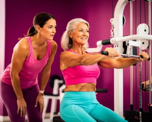 Vrouw van in de vijftig in roze en turquoise sportkleding op een hydraulische kracht machine, begeleid door een vrouwelijke coach in een moderne damesfitnessclub.