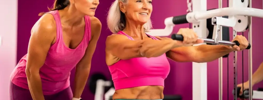 Vrouw van in de vijftig in roze en turquoise sportkleding op een hydraulische kracht machine, begeleid door een vrouwelijke coach in een moderne damesfitnessclub.
