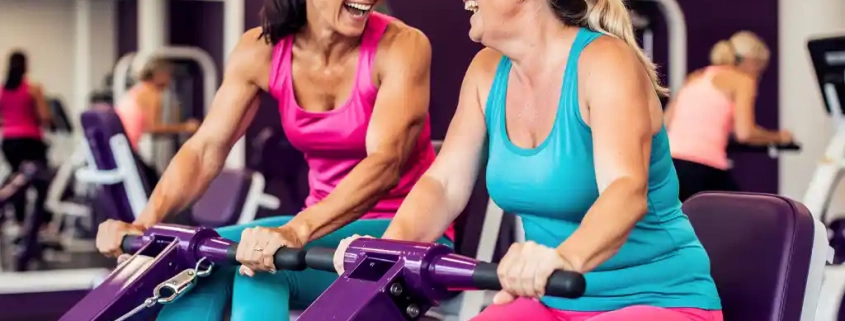 Twee vrouwen van middelbare leeftijd lachen samen tijdens krachttraining op paarse hydraulische machines in een levendige damesfitnesclub.