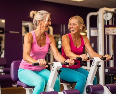Twee vrouwen van middelbare leeftijd trainen lachend op hydraulische weerstandsmachines in een paars ingerichte damesfitnessclub.
