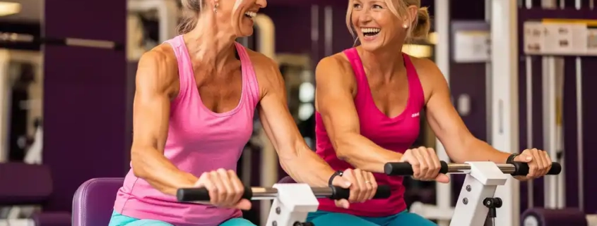 Twee vrouwen van middelbare leeftijd trainen lachend op hydraulische weerstandsmachines in een paars ingerichte damesfitnessclub.