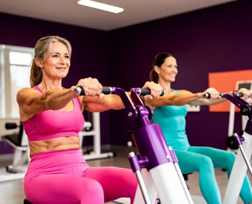 Twee vrouwen van middelbare leeftijd trainen lachend op paarse hydraulische fitnessmachines in een levendige damesfitnessclub met paarse muren.