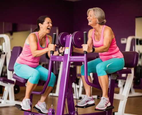 Twee vrouwen van middelbare leeftijd lachen samen tijdens krachttraining op paarse hydraulische machines in een vrouwenfitnessclub.