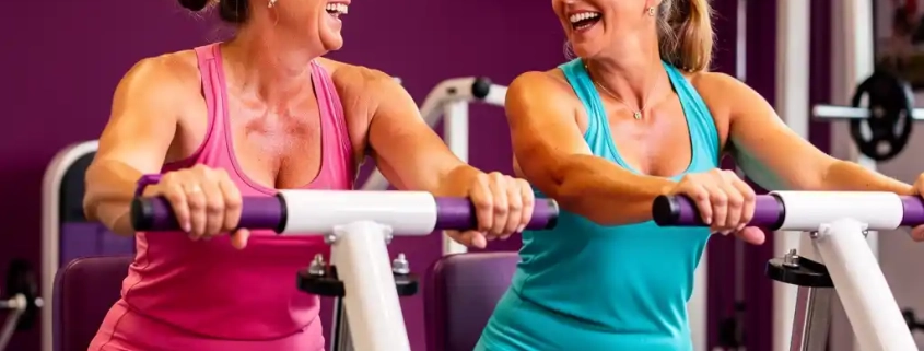Twee vrouwen van middelbare leeftijd sporten samen op hydraulische fitnessmachines in een paarse damesgymnastiek, lachend en elkaar aanmoedigend.
