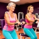 Twee vrouwen van middelbare leeftijd trainen samen op hydraulische fitnessmachines in een paarse damesfitnessruimte.