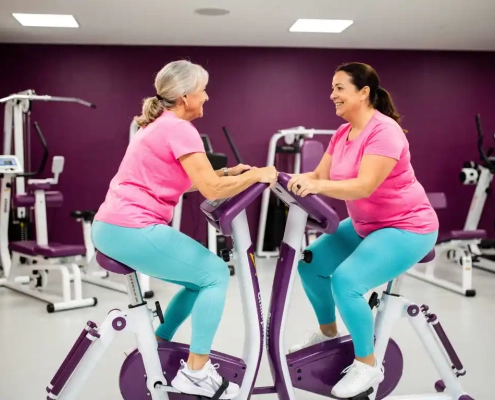 Twee vrouwen van middelbare leeftijd trainen enthousiast op hydraulische fitnessapparaten in een moderne damesgymnastiek met paarse muren.