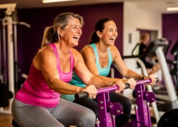 Twee vrouwen lachen samen tijdens een krachttraining op paarse hydraulische fitnessapparaten in een vrouwenfitnessclub.
