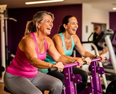 Twee vrouwen lachen samen tijdens een krachttraining op paarse hydraulische fitnessapparaten in een vrouwenfitnessclub.
