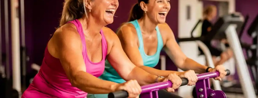 Twee vrouwen lachen samen tijdens een krachttraining op paarse hydraulische fitnessapparaten in een vrouwenfitnessclub.