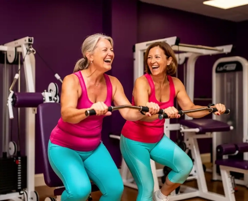 Twee vrouwen van middelbare leeftijd lachen samen tijdens krachttraining op hydraulische fitnessapparaten in een levendige vrouwengymnastiekzaal met paarse muren.