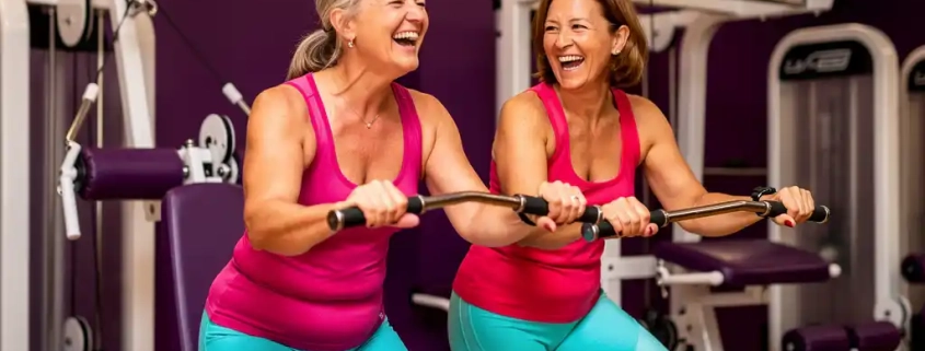 Twee vrouwen van middelbare leeftijd lachen samen tijdens krachttraining op hydraulische fitnessapparaten in een levendige vrouwengymnastiekzaal met paarse muren.