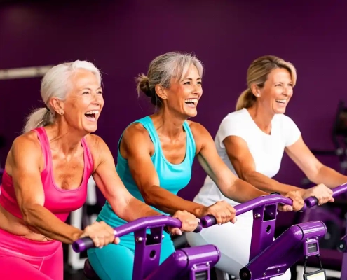 Drie vrouwen van 50-60 jaar lachen samen op paarse hydraulische fitnessmachines in een vrouwengymnastieklokaal met paarse muren.