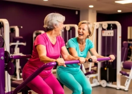 Twee vrouwen van middelbare leeftijd lachen samen op hydraulische fitnessapparaten in een paarse damesfitnessclub.
