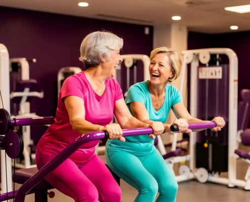Twee vrouwen van middelbare leeftijd lachen samen op hydraulische fitnessapparaten in een paarse damesfitnessclub.