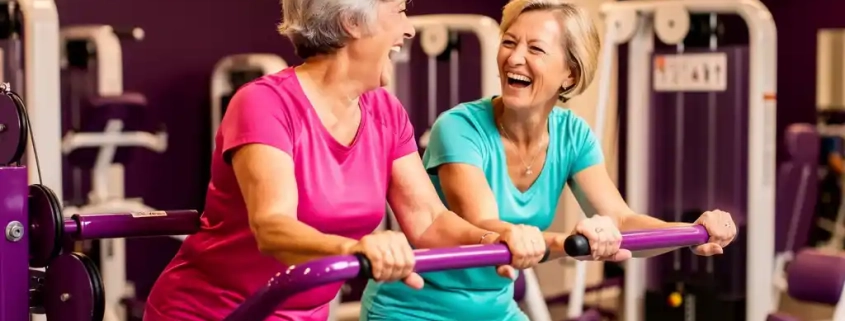 Twee vrouwen van middelbare leeftijd lachen samen op hydraulische fitnessapparaten in een paarse damesfitnessclub.