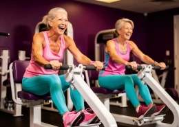 Twee vrouwen van 50-60 jaar lachen en sporten samen op hydraulische fitnessapparaten in een paarse damesgymnastiekzaal.