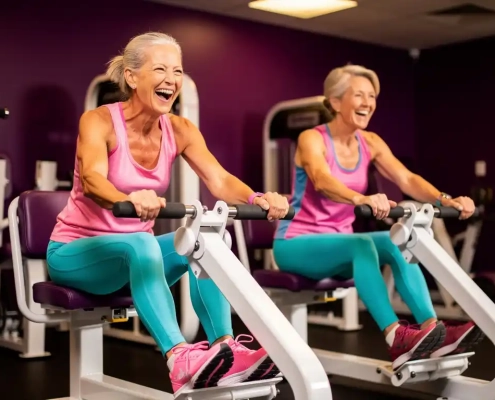 Twee vrouwen van 50-60 jaar lachen en sporten samen op hydraulische fitnessapparaten in een paarse damesgymnastiekzaal.
