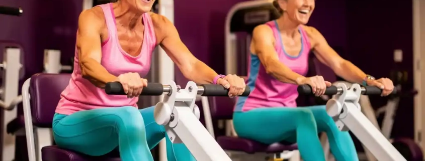 Twee vrouwen van 50-60 jaar lachen en sporten samen op hydraulische fitnessapparaten in een paarse damesgymnastiekzaal.