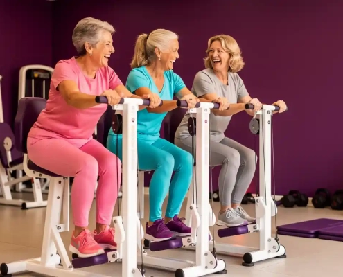 Drie vrouwen van 50-60 jaar lachen en sporten samen op hydraulische fitnessapparaten in een paarse damesfitnessruimte.