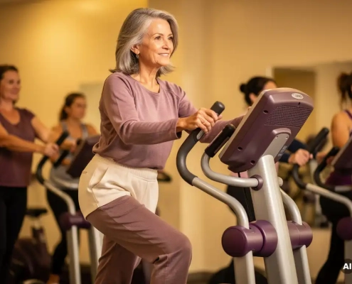 Vrouw van middelbare leeftijd stapt vastberaden op een Curves hydraulisch fitnessmachine in een warm verlichte sportschool.