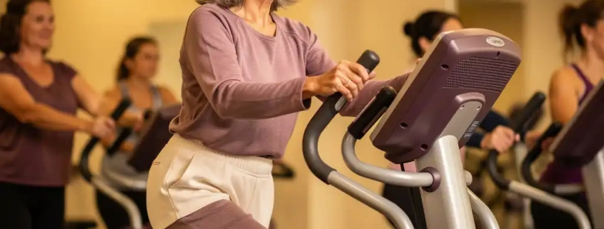 Vrouw van middelbare leeftijd stapt vastberaden op een Curves hydraulisch fitnessmachine in een warm verlichte sportschool.