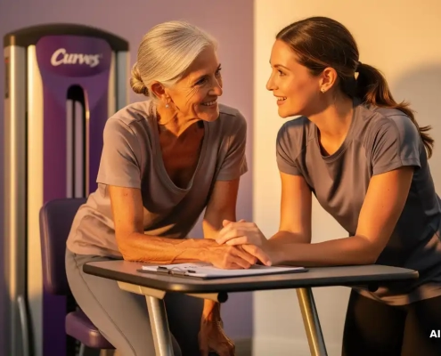 Zestigjarige vrouw in gesprek met een fitnesstrainer naast een hydraulisch weerstandsapparaat, beiden gebogen over een beoordelingsformulier.