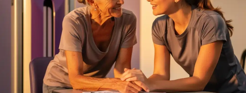 Zestigjarige vrouw in gesprek met een fitnesstrainer naast een hydraulisch weerstandsapparaat, beiden gebogen over een beoordelingsformulier.