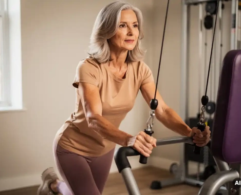 Vrouw van middelbare leeftijd traint gefocust op hydraulische weerstandsmachine in lichte fitnessstudio.