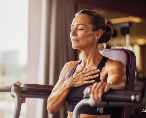Vrouw van middelbare leeftijd pauzeert tijdens krachttraining op hydraulisch fitnessapparaat, hand op borst, ogen gesloten.