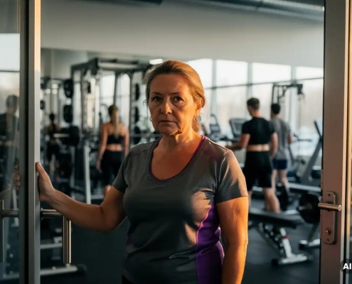 Vrouw van middelbare leeftijd aarzelt bij de ingang van een grote sportschool, omringd door complexe machines en jongere sporters.
